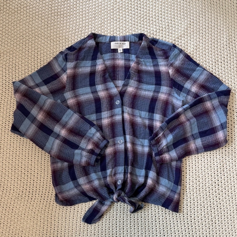 Cloth & Stone Anthropologie Plaid Tie Front Button Down Top Purple Medium Boho